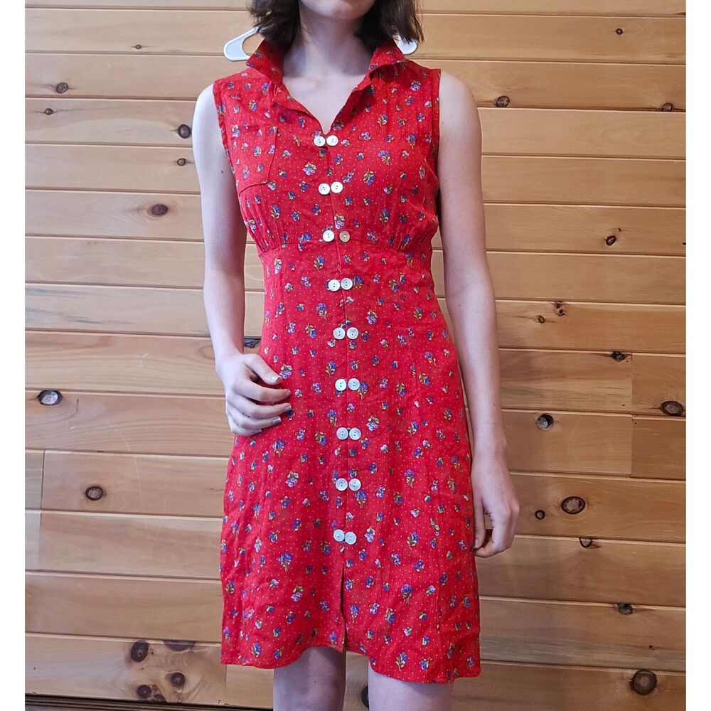 Vintage 1990s Rayon Red Button Front Collared Americana Country Tie Mini Dress 4